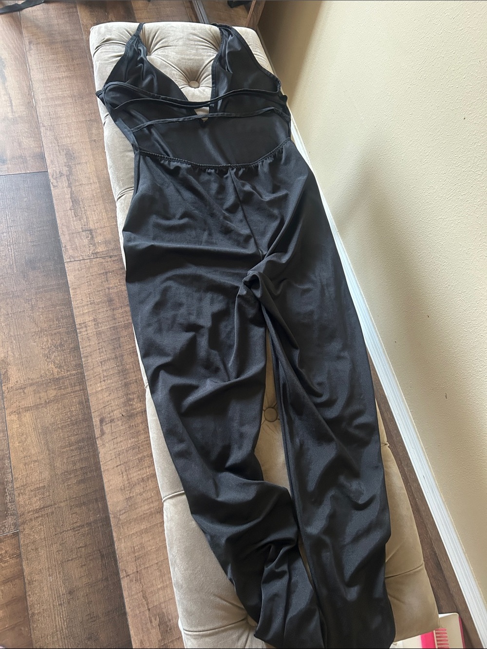 SHEIN Black Satin V-Neck Jumpsuit with Sheer Waist Panel